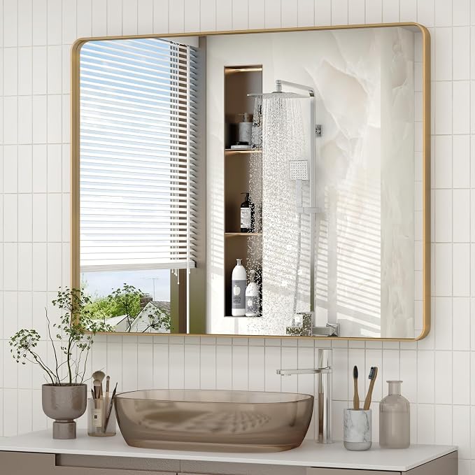 40x30 Inch Gold Bathroom Vanity Mirror | Brushed Metal Frame, Modern Gold Rectangle Mirror, Rounded Corner, Shatterproof, Anti-rust, Hangs Horizontally or Vertically