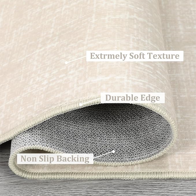 Garvee Modern 4x6 Living Room Rug Solid Color Washable Area Rugs, Beige | Rubber Backing Neutral Textured Non Shedding Stain Resistant Low Pile Foldable Soft Rug for Bedroom Nursery Entryway