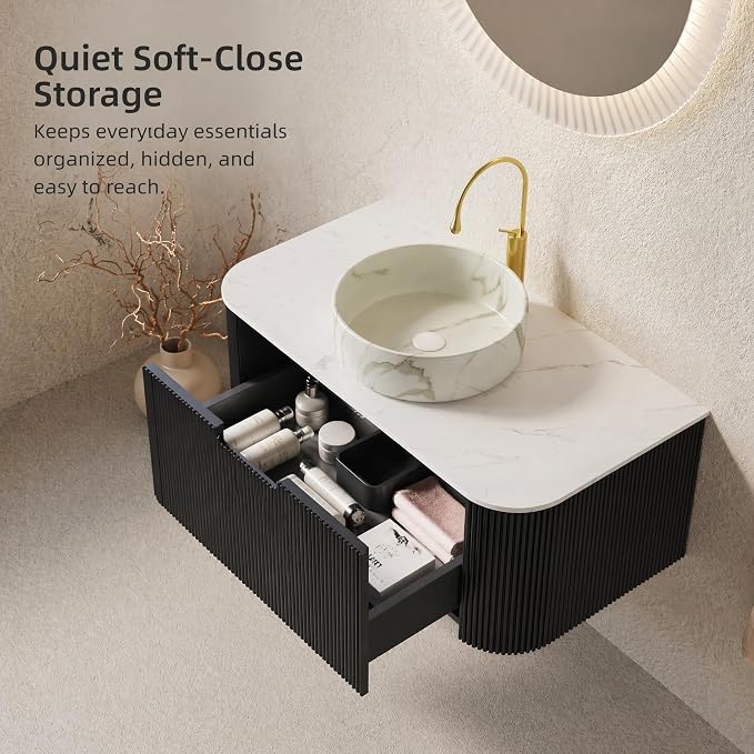 36 Inch Bathroom Vanity with Sink, Floating Wall Mounted Single Sink Vanity, Black Curved Fluted Front, Stone Top, Marble-Look Round Vessel Basin, Pre-Assembled