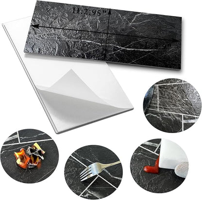 AULIGET Faux Stone Backsplash Peel and Stick PVC Tile, 3 Inch x 6 Inch Black Marble with White Grout Stick on Tiles for Backsplash, Pack of 4