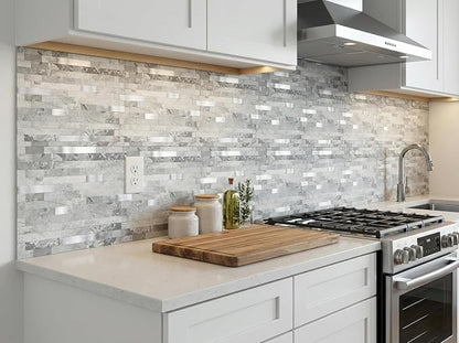 Yipscazo 20 Sheets Peel and Stick Stone Metal Tile Backsplash, Stick on Tiles for Backsplash Kitchen, Bathroom, Laundry Room, Camper, Fireplace (12'' X 12'', Gray Stone with Metal)