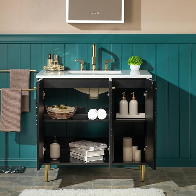 Woodbridge 36"x22" Bathroom Vanity with Single Ceramic Undermount Sink, White Engineered Stone Top, Hand-Painted Black & Gold Accents, Sleek Thin-Leg Frame, Space-Saving for Modern Living