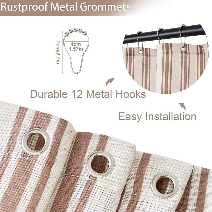 ORTIGIA Linen Textured Ruffle Shower Curtain 72x72 Inch with Metal Hooks, Vintage Cream-Brown Waterproof Bath Curtain for Rustic Farmhouse Bathroom Decor