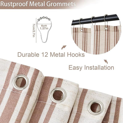 ORTIGIA Linen Textured Ruffle Shower Curtain 72x72 Inch with Metal Hooks, Vintage Cream-Brown Waterproof Bath Curtain for Rustic Farmhouse Bathroom Decor