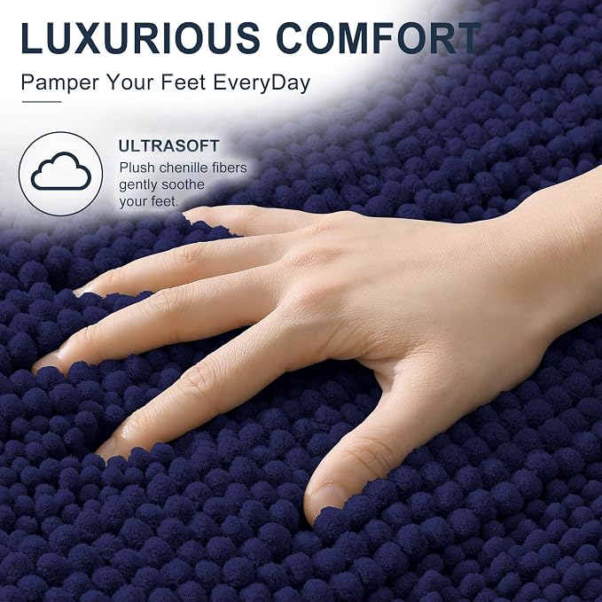 Smiry Thick Small Chenille Bathroom Rugs 24x16, Bath Mat, Twilight Sapphire | Quick‑Dry & Machine Washable, Non‑Slip Bath Carpet, Soft Striped Bath Rugs for Tub & Shower, Modern Home Decor Accessories