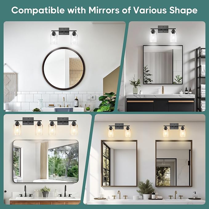 Ascher Bathroom Light Fixtures, 2-Light Vanity Light Over Mirror, Matte Black Wall Sconces with Clear Glass Shades, Wall Lamp for Living Room Bedroom, E26 Base(Bulbs Not Included)