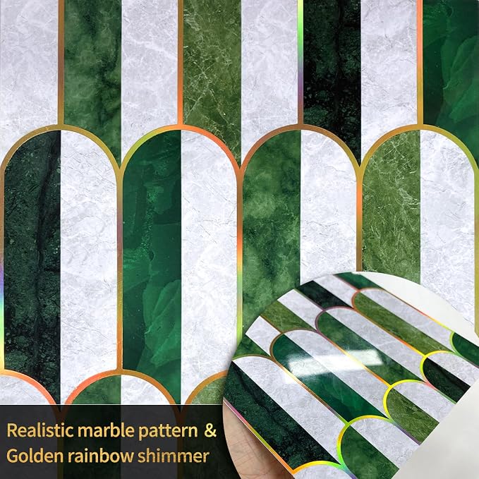 funlife Holographic Emerald Art Deco Peel and Stick Backsplash Self-Adhesive PVC Wall Tiles Easy DIY with Tools for Kitchen Bathroom and Laundry Room 5.9"x5.9"x10-Sheet Arch Mosaic