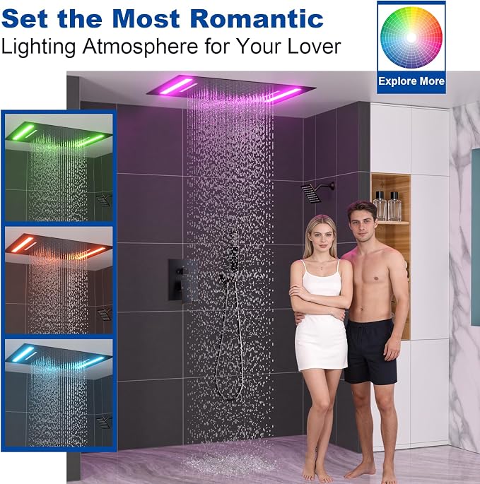 ENGA Oil Rubbed Bronze Dual Rain Shower Head System, 2 In 1 Functions Ceiling Mount 14x20inch LED Shower Head with 6 Inch Shower Head, Rainfall Waterfall Shower Faucet Set
