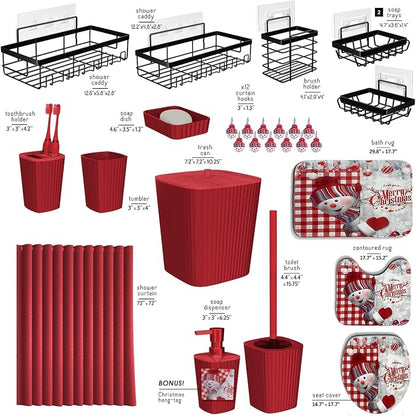 Clara Clark Bathroom Set - Christmas Bathroom Accessories Set, 27PC Bathroom Accessory Set, Christmas Bathroom Sets with Bathroom Rugs, Adhesive Corner Shower Caddy Hanging, Toilet Brush & Trash Can | 27 Piece Xmas Bathroom Sets with Shower Curtain and...