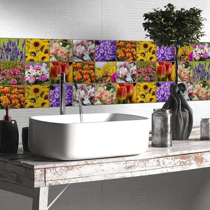 Alwayspon Vinyl Sticker Peel and Stick, Self-Adhesive Wall Tile Transfers Backsplash Sticker Decal for Kitchen Bathroom, 6x6inch/15x15cm 30Pcs, Flowers T039