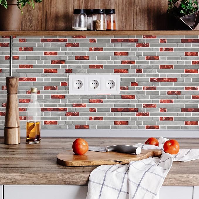 STICKGOO Thicker Peel and Stick Backsplash Tile for Kitchen and Bathroom | 10 Sheets of 12”×12” - 3D Vinyl Self Adhesive Wall Tiles Stick on Backsplash for Kitchen & Bathroom(Red)