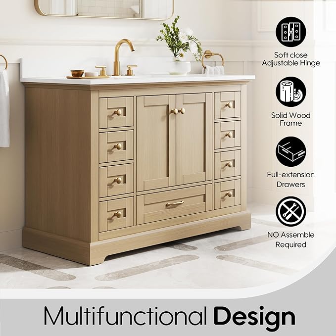 WELLFOR 48" Bathroom Vanity with Sink, Bathroom Freestanding Vanity W/ 2 Soft-Close Doors and 9 Soft-Close Drawers, Bathroom Cabinet Vanity with Cultured Marble Countertop (Oak)