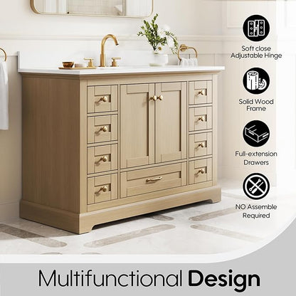 WELLFOR 48" Bathroom Vanity with Sink, Bathroom Freestanding Vanity W/ 2 Soft-Close Doors and 9 Soft-Close Drawers, Bathroom Cabinet Vanity with Cultured Marble Countertop (Oak)