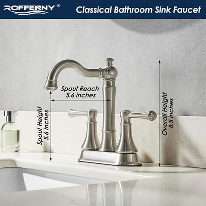 4" Centerset Brushed Nickel Bathroom Faucets for 2/3-Hole Sinks | Includes Plastic Pop-Up Drain, Classic 4" Center Set Lavatory/Bath Vanity Faucets, 2-Handle High Arc 360° Swivel Brass Spout