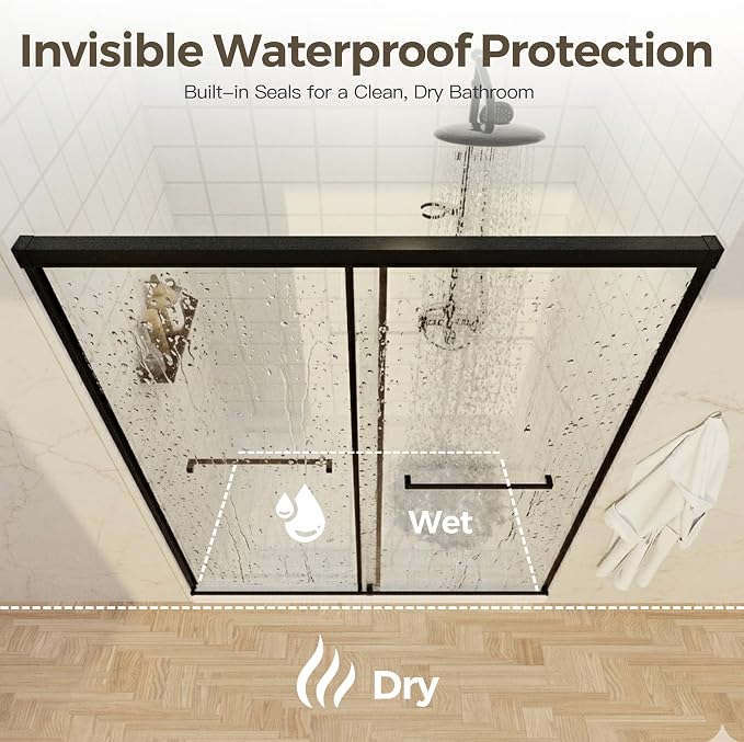 56-60" W x 72" H Semi-Frameless Double Sliding Shower Door | 1/4" SGCC Clear Tempered Glass with Explosion-Proof Film, Matte Black Bypass Walk-In Shower Door, Reversible