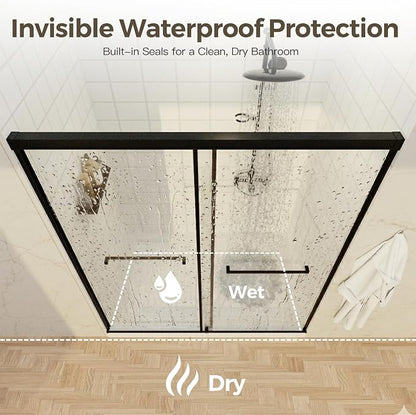 56-60" W x 72" H Semi-Frameless Double Sliding Shower Door | 1/4" SGCC Clear Tempered Glass with Explosion-Proof Film, Matte Black Bypass Walk-In Shower Door, Reversible