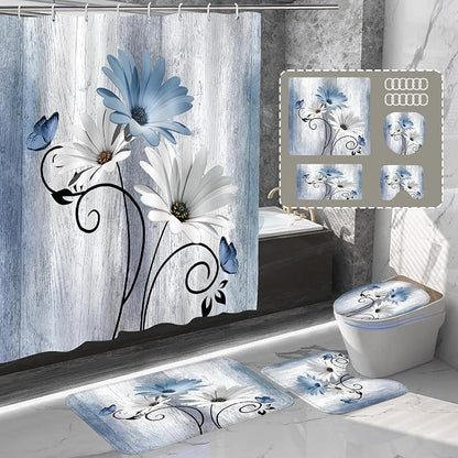 Onalasyc 4PCS Blue Daisy Floral Bathroom Sets with Shower Curtain and Rugs | Country Floral Butterfly Shower Curtain Set,Modern Bathroom Decor Shower Curtains Set with Rugs Toilet Lid Cover and 12 Hooks