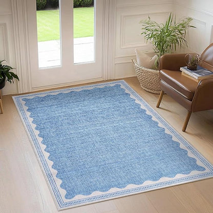 Garvee Entryway Rug 3x5 Washable Bordered Modern Rug Foldable Low Pile Blue | Stain-Resistant Carpet Ultra Soft Non Slip Lightweight Rugs Indoor Non-Shedding Mat for Kitchen Bedroom Nursery Entrance