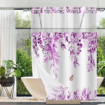 No Hook Shower Curtain and Liner Set, Purple Eucalyptus 71x74 | Floral Design, with Snap in Liner, Waterproof, Machine Washable, Quick-Drying, for Hotel Bathroom