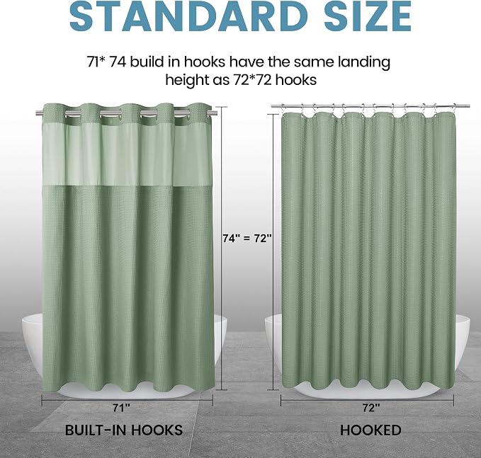 Heavyweight Waffle No Hook Shower Curtain with Liner, 71x74, Sage Green | Snap in Liner, 256GSM, Thick, Hotel Luxury Spa, Waterproof Fabric, Corner Magnets, 3 in 1 Set, Washable, Hang in Seconds