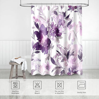 MAYZUS Extra Long Shower Curtain 72 x 84 Inch, Tall Purple Floral Decor | Lavender Watercolor Floral Modern Abstract Flower Bathroom Fabric Shower Curtain Set with Hooks