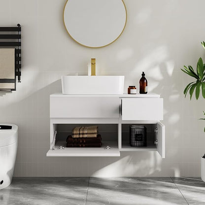 Bathroom Vanity Floating Bathroom Sink Cabinet with Ceramic Vessel Sink Wall Mounted Floating Vanity (White, 31.5W)