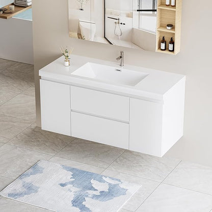 48 Inch Floating Bathroom Vanity with Single Sink, Modern Wall-Mounted Bathroom Vanity Storage Cabinet Organizer with 2 Soft Closing Doors and 2 Drawers (White)