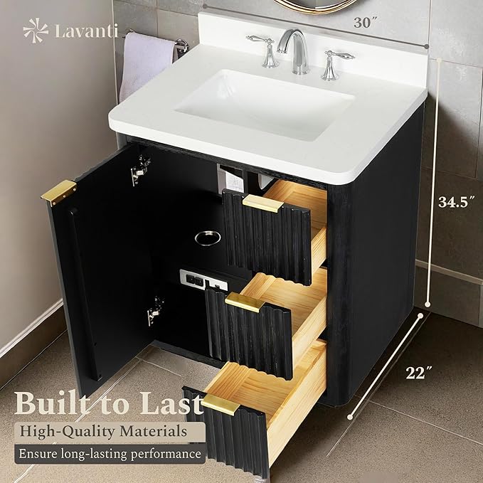 Lavanti Wooderna 30 Inch Bathroom Vanity with Sink – Stylish Firewood Black Vanity Bathroom with Storage Cabinet – Modern Bathroom Vanities with Single Vanity Sink & Quartz Countertop