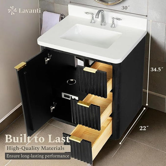 Lavanti Wooderna 30 Inch Bathroom Vanity with Sink – Stylish Firewood Black Vanity Bathroom with Storage Cabinet – Modern Bathroom Vanities with Single Vanity Sink & Quartz Countertop