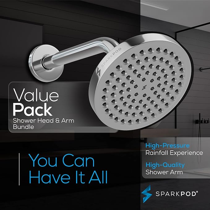 SparkPod 6" Rain Shower Head High Pressure w/ 9" Shower Arm, Chrome | High Pressure Shower Heads, 90 Nozzles, Adjustable Showerhead, No Tools Needed, Universal Connection, Gain Space & Style