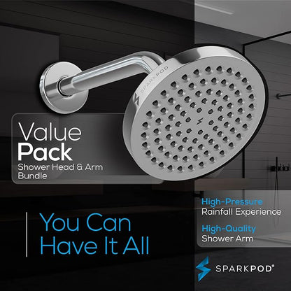 SparkPod 6" Rain Shower Head High Pressure w/ 9" Shower Arm, Chrome | High Pressure Shower Heads, 90 Nozzles, Adjustable Showerhead, No Tools Needed, Universal Connection, Gain Space & Style