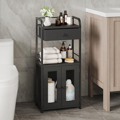 SWTYMIKI 14.57"x32.28" Bathroom Storage Cabinet – Freestanding Toilet Paper Storage with Doors & Drawer, Bathroom Organizers and Storage for Small Spaces, Laundry Room, Ideal for Towels, Black