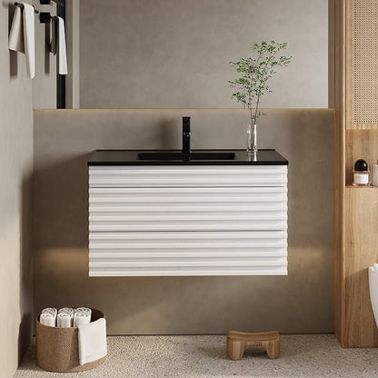 eclife 36" Floating Bathroom Vanity with Sink Combo, Mid-Century Wall Mounted Cabinet with Wood Stripes Decor, Drawers, Undermount Single Black Sink, Faucet, Drain, Mixed White