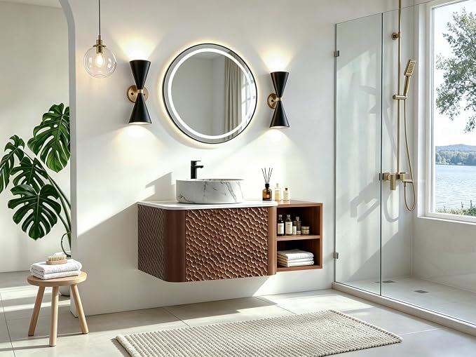 36 Inch Modern Bathroom Vanity with Ceramic Sink, Floating Bathroom Sink Cabinet with Sintered Stone Top&Solid Wood Hammered Frame, Single Bathroom Vanities w/Soft-Close Drawer&Side Open Cube