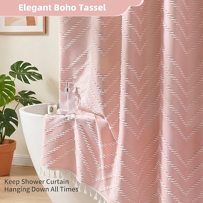 Siiluminisoy Pink Boho Shower Curtain White Tassel Woven Fabric Cute Shower Curtain 60 x 72 Modern Farmhouse Textured Tufted Chevron Striped Minimalist for Bathroom