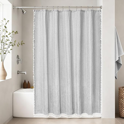 Seenus 72 x 84 inch Extra Long Boho Chic Shower Curtain Heavyweight with Tassels, Grey Linen Textured Fabric Farmhouse Shower Curtain, Elegant Gray & White Striped Bathroom Curtain Water Repellent
