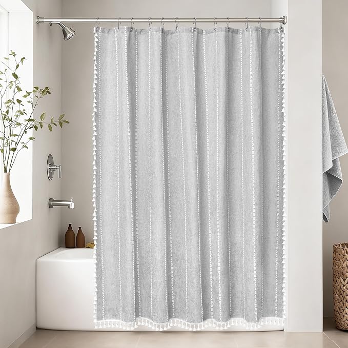 Seenus Boho Chic Shower Curtain Heavyweight with Tassels, Grey Linen Textured Soft Fabric Farmhouse Shower Curtain Water Repellent, 72 x 72 Inch Elegant Gray Striped Bathroom Curtain Wrinkle-Resistant