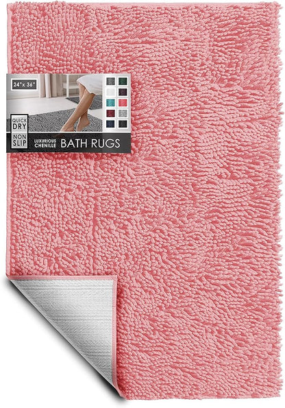Hearth & Harbor Bathroom Rugs, Chenille Bath Mat - Machine Washable Bath Mats for Bathroom Non-Slip Backing Rubber, Quick Dry Bathroom Mat, 24 x 36 - Pink