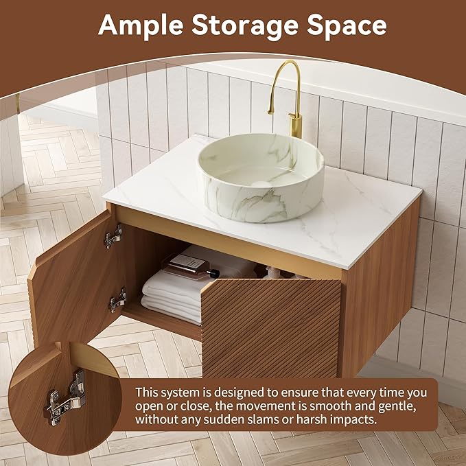 Floating Bathroom Vanity with Sink, 30 Inch Fluted Vanity with Vessel Sink, Modern Bathroom Vanity Cabinet with 2 Doors, White Ceramic Sink with Stone Pattern & Sintered Stone Top, Oak