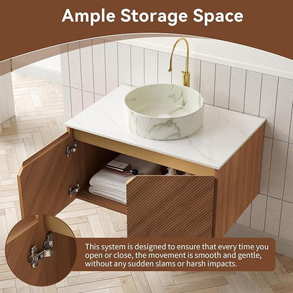 Floating Bathroom Vanity with Sink, 30 Inch Fluted Vanity with Vessel Sink, Modern Bathroom Vanity Cabinet with 2 Doors, White Ceramic Sink with Stone Pattern & Sintered Stone Top, Oak