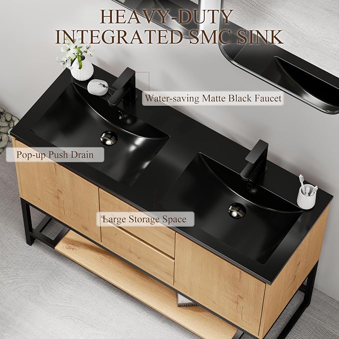 LUCKWIND 48" Modern Bathroom Vanity with Dual Black Sink Combo, Freestanding Storage Cabinet with Metal Frame, Water-Saving Faucet and Open Shelf and 2 Soft-Closing Door, Natural