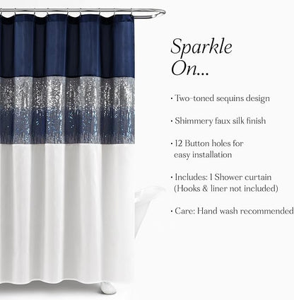 Lush Decor Night Sky Shower Curtain, Single, 72" W x 78" L, Navy & White - Sequin Shower Curtain - Sparkly Color Block Bath Curtain - Modern Glam Bathroom Decor - Extra Long Shower Curtain