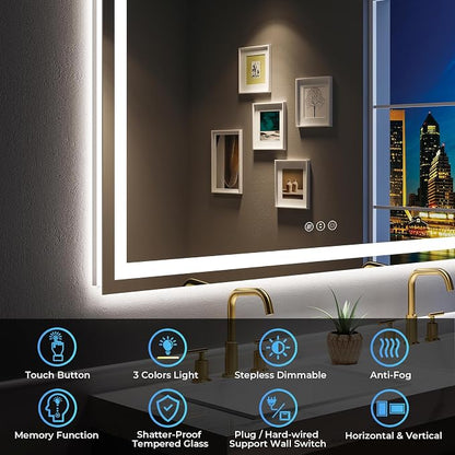 60x40 LED Bathroom Mirror with Lights, Lighted Vanity Mirror | Backlit and Front Light, Anti-Fog, 3 Color Dimmable, Memory, Tempered Glass, IP54 Waterproof, UL Listed