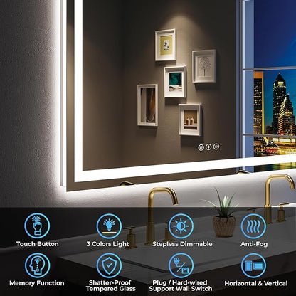 55x36 LED Bathroom Mirror with Lights, Lighted Vanity Mirror | Backlit and Front Light, Anti-Fog, 3 Color Dimmable, Memory, Tempered Glass, IP54 Waterproof, UL Listed