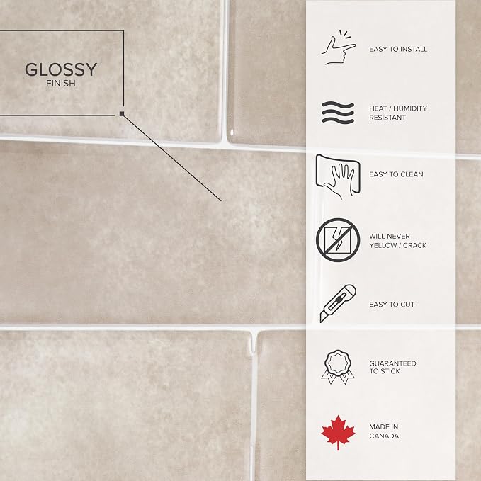 Smart Tiles Peel and Stick backsplash, Subway Taupe Gray, 11.55"x8.38" | Pack of 5 (2.8 sq ft), Glossy, Heat/Moisture Resistant, Low VOC, Kitchen/Bathroom, Renter Friendly, Made in Canada