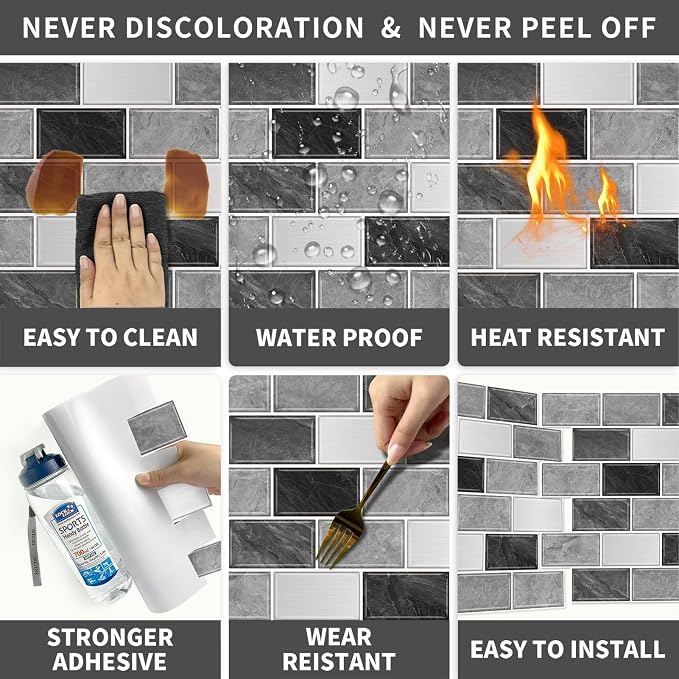 URCOLOR 10-Sheet Subway Tile Peel and Stick Backsplash for Kitchen,12"x12" Self Adhesive Wall Tiles Sticker on Back Splashes for Bathroom Gray Marble Design