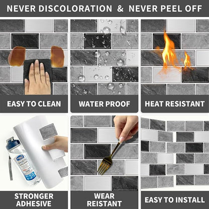 URCOLOR 10-Sheet Subway Tile Peel and Stick Backsplash for Kitchen,12"x12" Self Adhesive Wall Tiles Sticker on Back Splashes for Bathroom Gray Marble Design