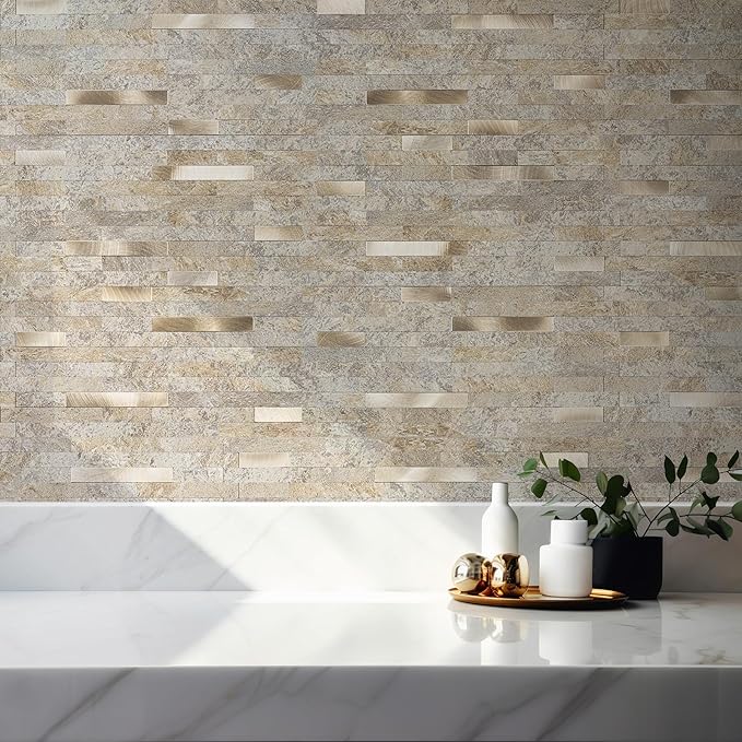 StyloVue 20 Sheets Peel and Stick Backsplash, Dark Beige with Metal Gold Look PVC Wall Tiles Upgrade Your Kitchen Backsplash, RV, Fireplace