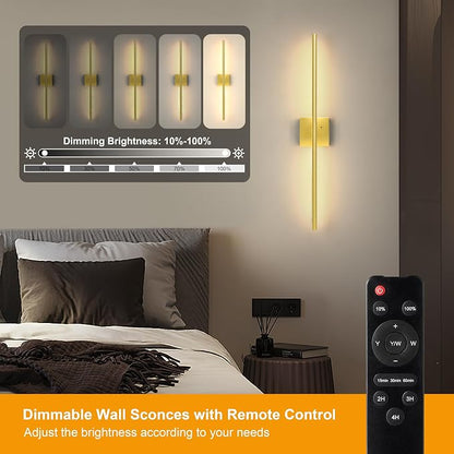 Morauroral Painted Gold Battery Operated Wall Sconce with Remote Control, Rechargeable Wall Sconces Set of 2, LED Wireless Wall Light, Modern Sconce Wall Decor for Bedroom, Living Room