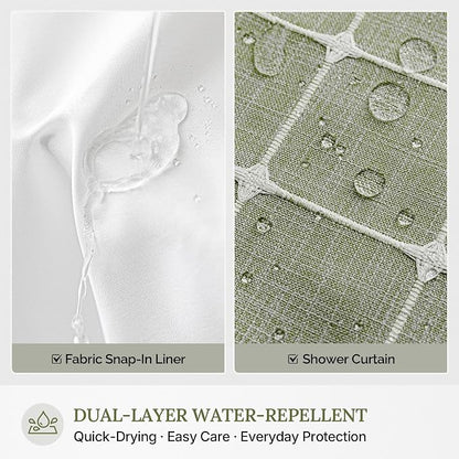RiverDream Farmhouse No Hooks Shower Curtain with Snap-in Liner,Green,71x74 | Snap on Fabric Liner,Heavy Duty,Quick Dry,Mesh Top Window,With Bottom Magnets,Washable,with Tassels,Standard Size